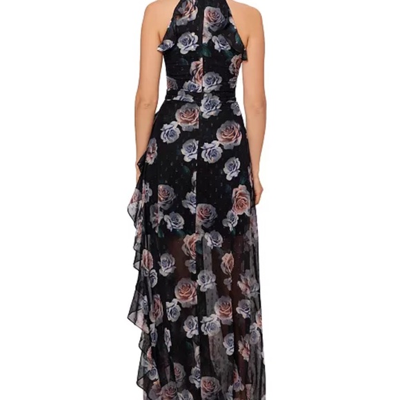 Betsy & Adam Floral Ruffled Halter Gown - Picture 3 of 7